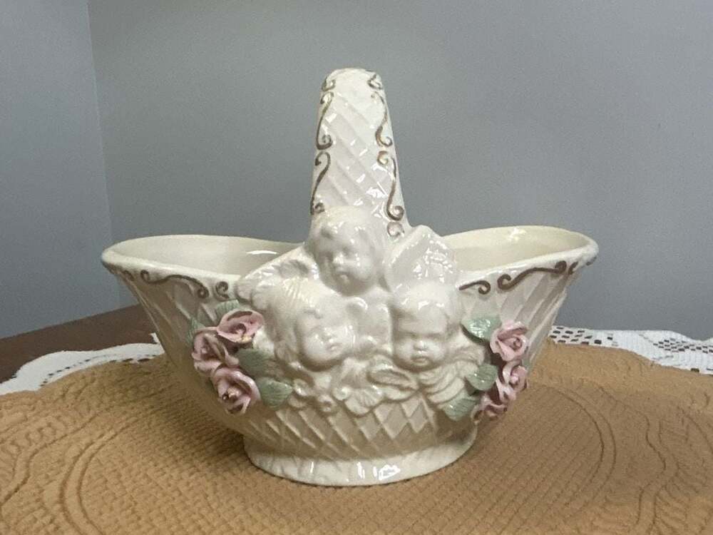 Vintage Ceramic Woven Basket with Handle, Cherubs and Raised Roses